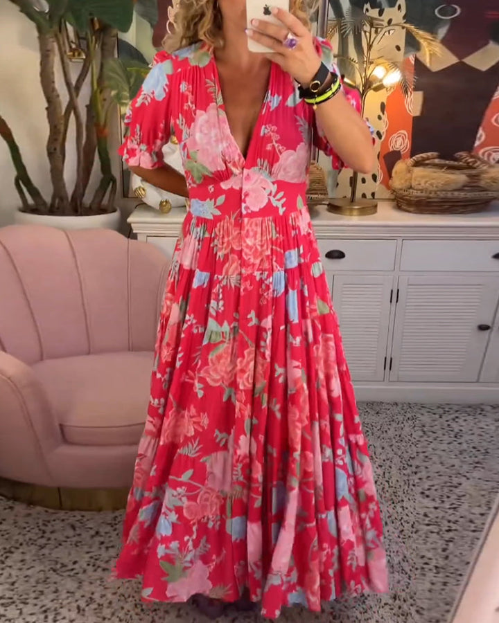 W&W Mode Kleid | Trendiges langes Blumenkleid mit V-Ausschnitt und kurzen Ärmeln für Damen