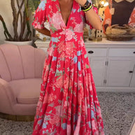 WW Kleid | Trendiges langes Blumenkleid mit V-Ausschnitt und kurzen Ärmeln für Damen