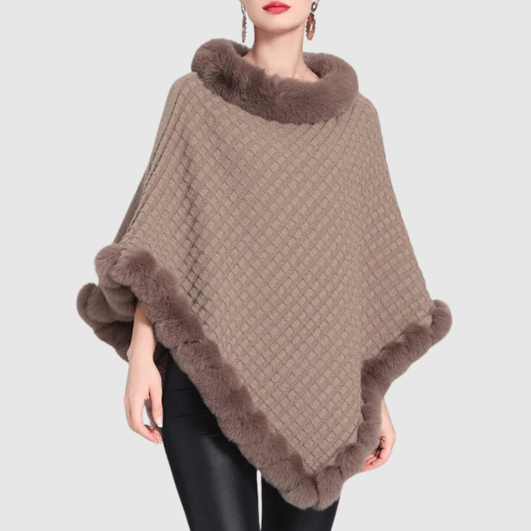 WW | Poncho mit weicher Webstruktur – stilvoller Damenponcho mit Kragen und Kunstpelzabschluss