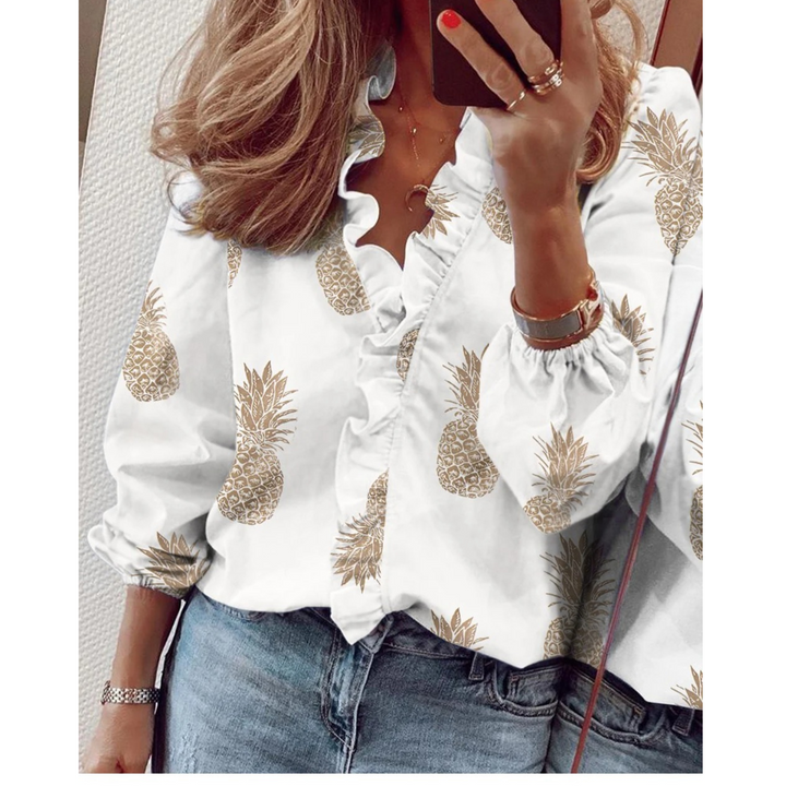 W&W Mode | Chiffon lila Blumenmuster V-Ausschnitt Damenhemd