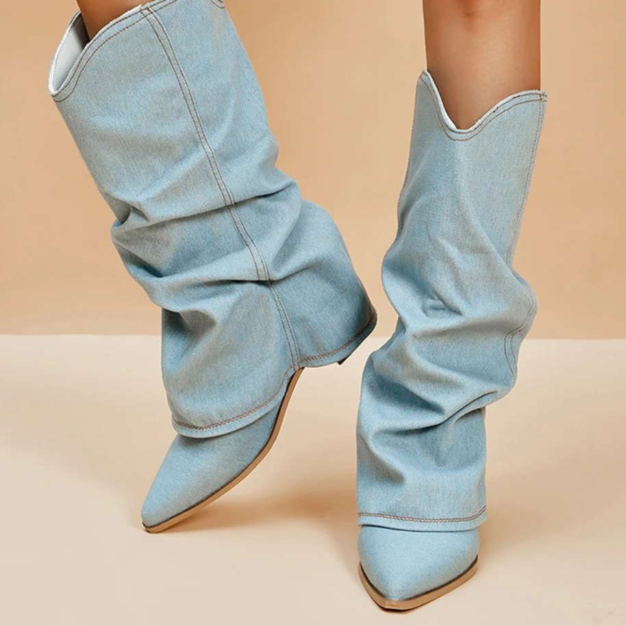 WW | gefaltete denim-stiefel mit blockabsatz