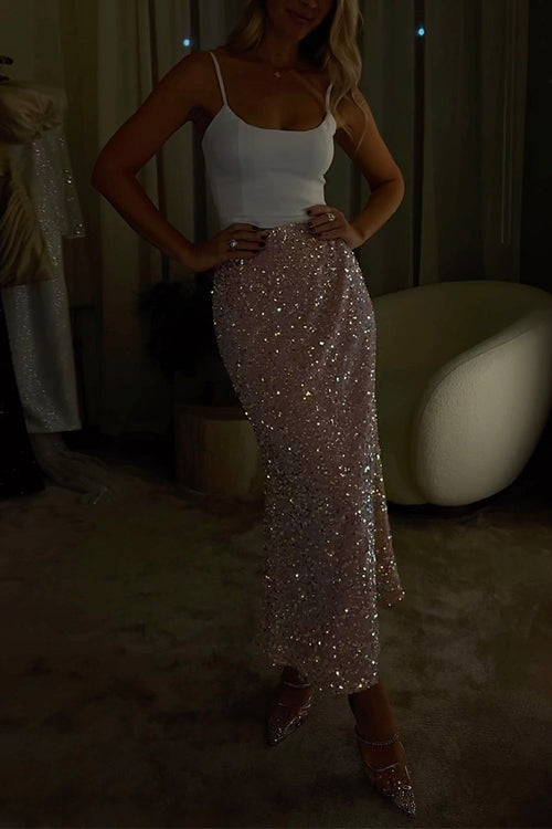 Damen Midi-Rock mit hoher Taille und Paillettenverzierung