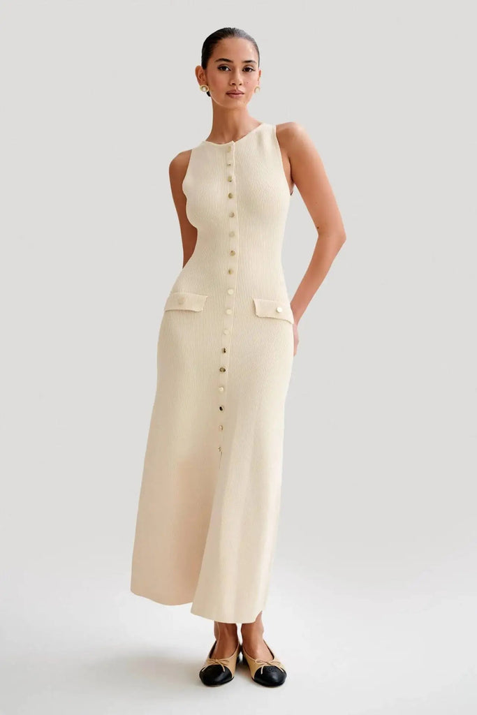 WW | Ärmelloses Knopf-Front Strick-Midi-Kleid