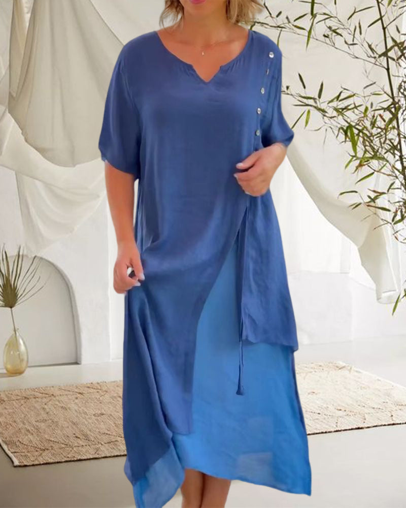 WW | Asymmetrisches Kleid mit kurzen Ärmeln und V-Ausschnitt