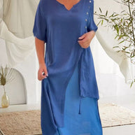 WW | Asymmetrisches Kleid mit kurzen Ärmeln und V-Ausschnitt