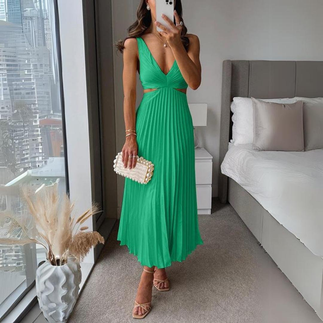 WW | Midi Kleid Ärmellos V-ausschnitt Twist Front & Cut Out Detail Plissierter Rock