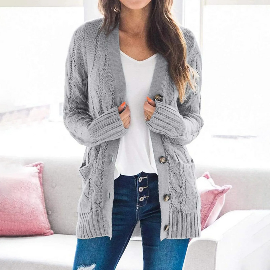 WW | Stylische Lange Strickjacke Für Damen Mit Knopfleiste