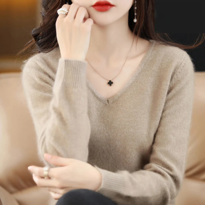 W&W Mode | Cashmere Pullover Damen V-ausschnitt Leichter und Weicher Strickpullover
