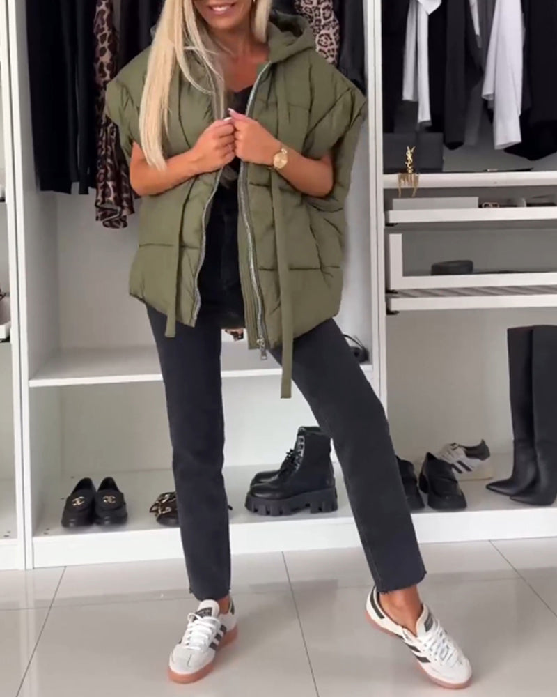 WW | Jacken mit Kapuze Einfarbig Reißverschluss und Kurzen Ärmeln