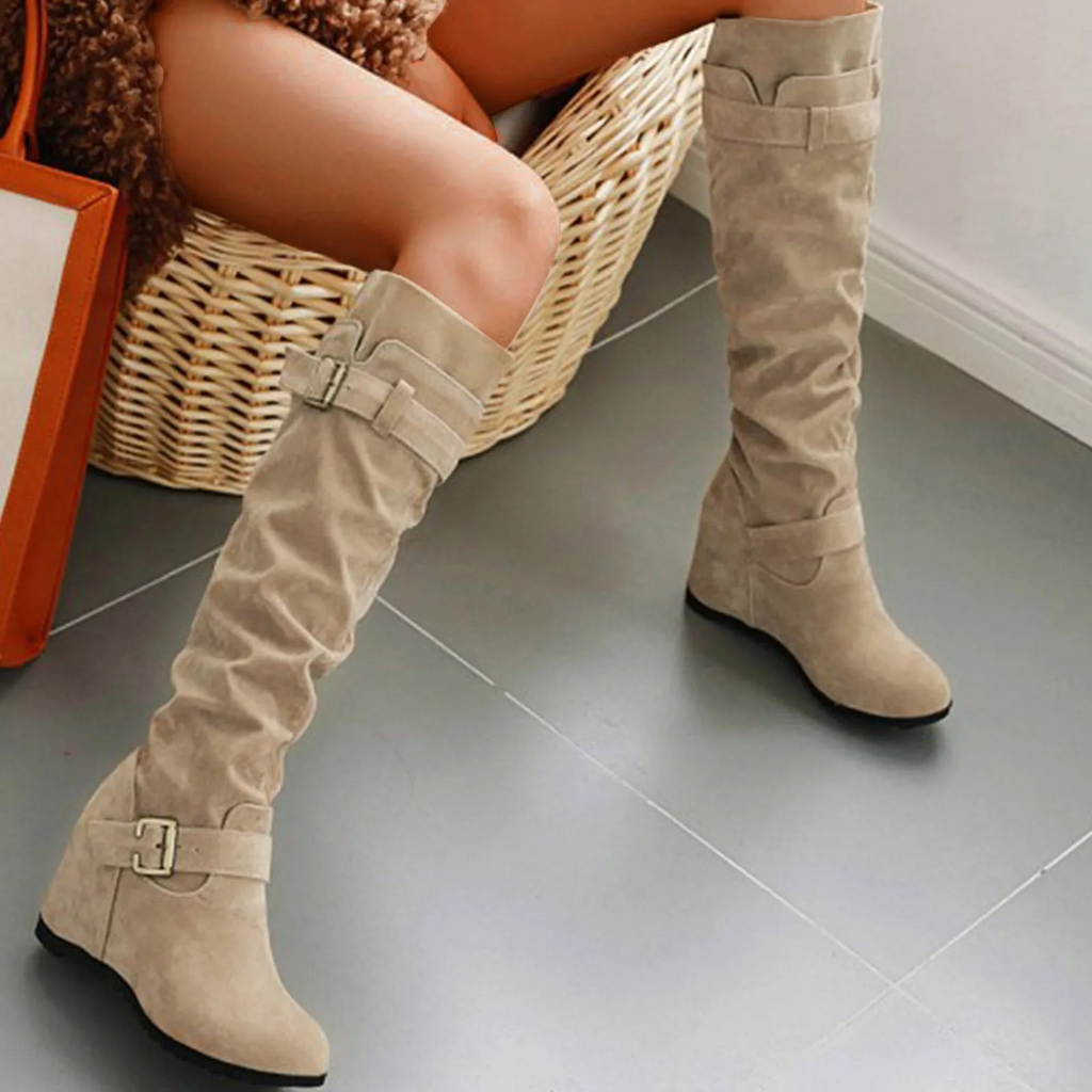 WW | Damen Knielange Stiefel Mit Keilabsatz Und Riemenschnallen Legere Hohe Stiefel