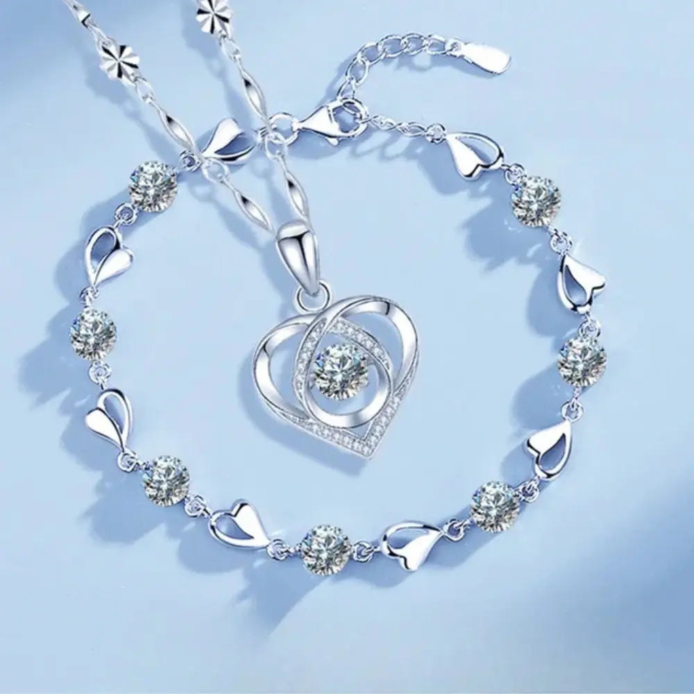 WW | 925 Sterling Silber Herzförmige Halskette Armband Satz Für Damen