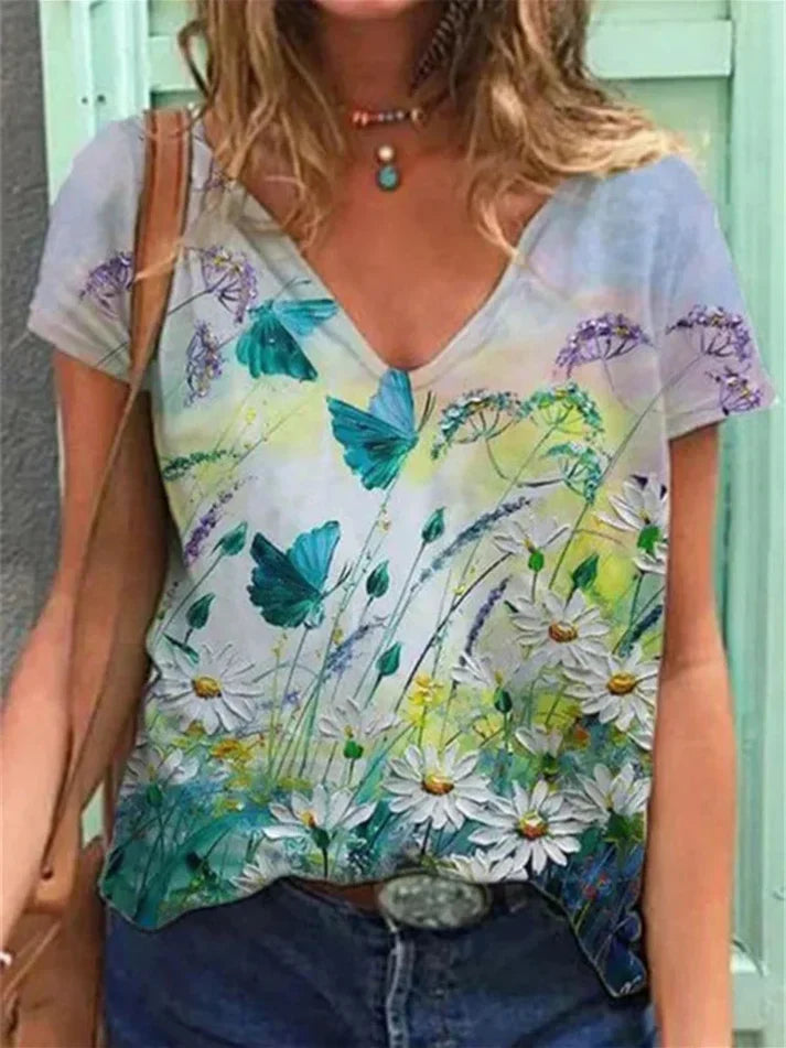 WW | Shirt Mit V-ausschnitt Malerei Blumenkunst
