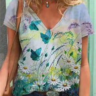 WW | Shirt Mit V-ausschnitt Malerei Blumenkunst