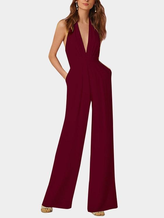 WW | Tiefer V-Ausschnitt Ärmelloser Breiter Bein Jumpsuit