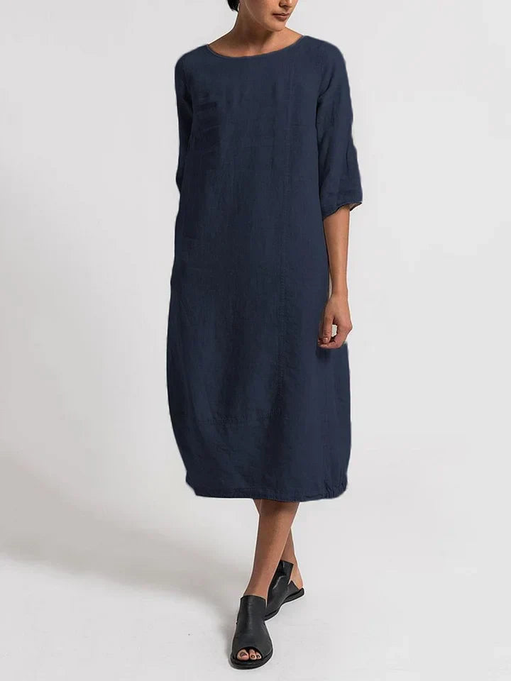 WW | 3/4 Ärmel Rundhals Unifarben Lässiges Kleid