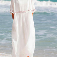 WW | Damen Besticktes Baumwoll Leinen Kleid