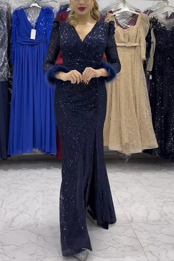 WW | Sparkle World Pailletten Federbesatz Ärmel Schlitz Abend Maxikleid
