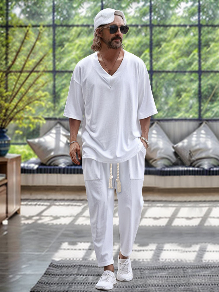 WW | Herren Loungewear Satz Mit V-ausschnitt Und Kordelzug Hose Bequem Und Stilvoll