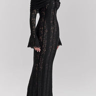 WW | Blumen Spitze Off Shoulder Flare Ärmel Fishtail Maxi Kleider - Weiß