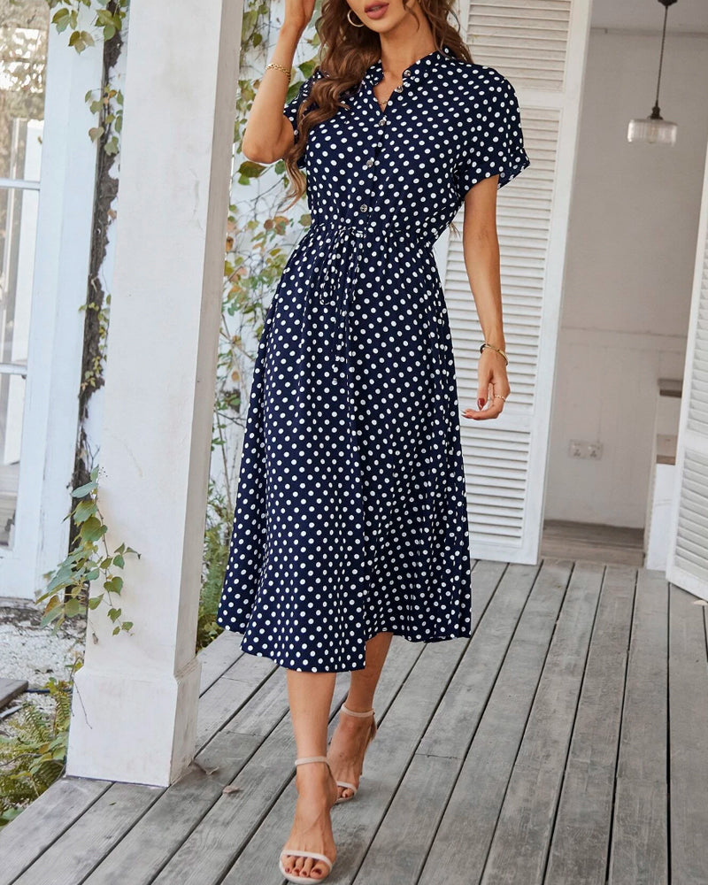 WW | Punkte-Muster Kleid mit Bindeband und Knöpfen