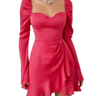 WW | Damenmode Elegantes Slim-fit Langarm Rüschenkleid