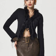 WW | Gebunden Fuzzy Trim Langarm Strickjacke