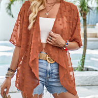 WW | Unifarben dünne Jacquard-Cardigan mit kurzen Ärmeln