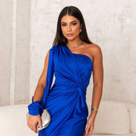 WW | One Shoulder Maxi Kleid Satin Finish Drapierter Bund Langarm Seitenschlitz