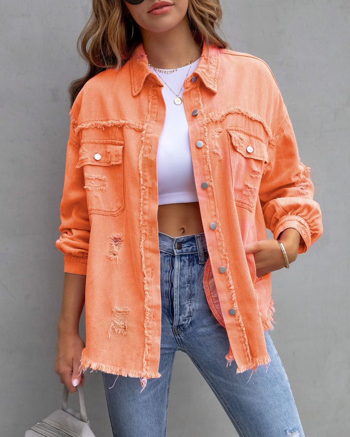 W&W Mode | Denim Bluse - Damen Jeansjacke mit fransigen Details und Knopfverschluss