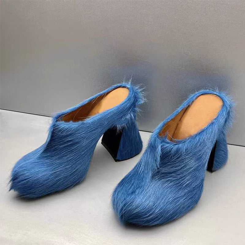WW | Geschlossene Zehe Rosshaar Chunky Heel Wasserdichte Plattform Slipper