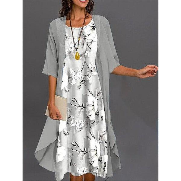 WW | Graues Bedrucktes Midikleid mit Oberbekleidung