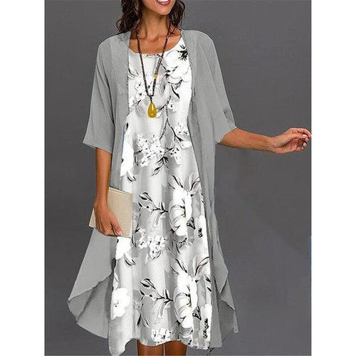 WW | Graues Bedrucktes Midikleid mit Oberbekleidung