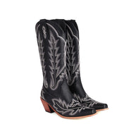 WW | Bestickte Lange Kniehohe Stiefel Spitz Zehe Chunky Absatz Hoher Absatz