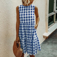 WW | Mode, Locker Geschnittenes Damenkleid mit Rundhalsausschnitt, Kariert Pastelmittelrock