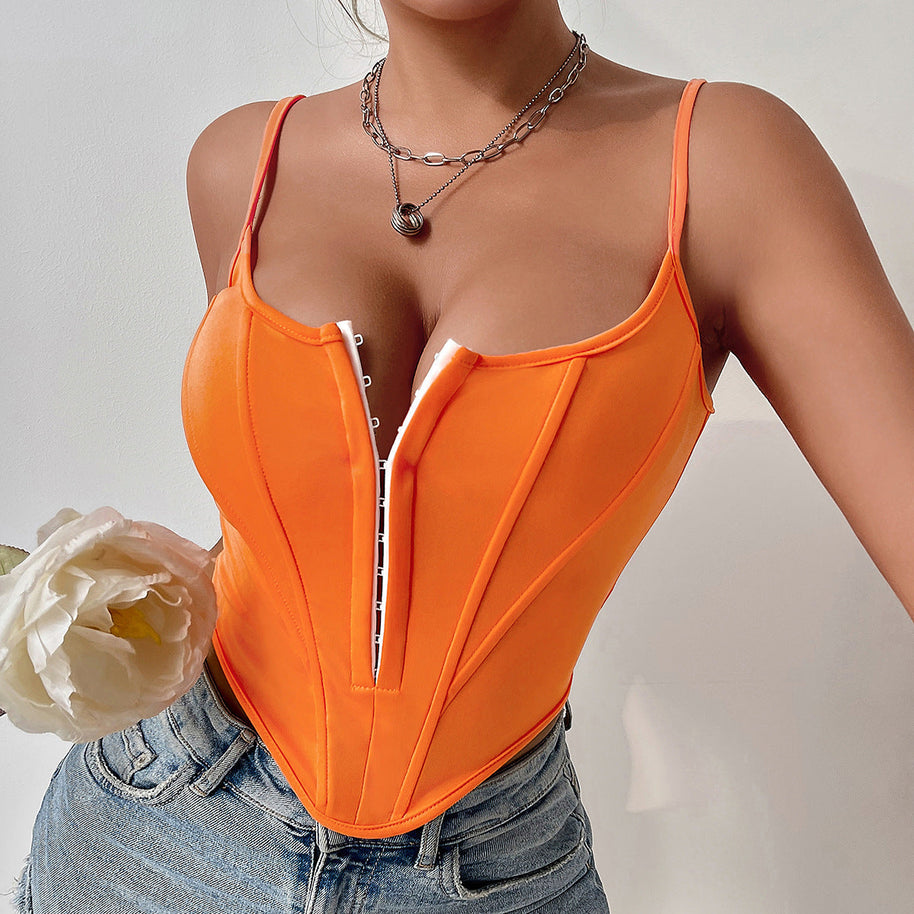 WW | Einreihiger Sling Crop Corsage Tank Sommermode Slim Spaghettiträger Top für Damen Kleidung