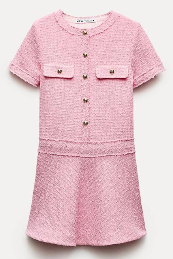 WW | 1960Er London Girl Tweed-Texturiertes Kurzärmliges Kleid mit Goldknöpfen und Taschen