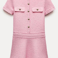 WW | 1960Er London Girl Tweed-Texturiertes Kurzärmliges Kleid mit Goldknöpfen und Taschen