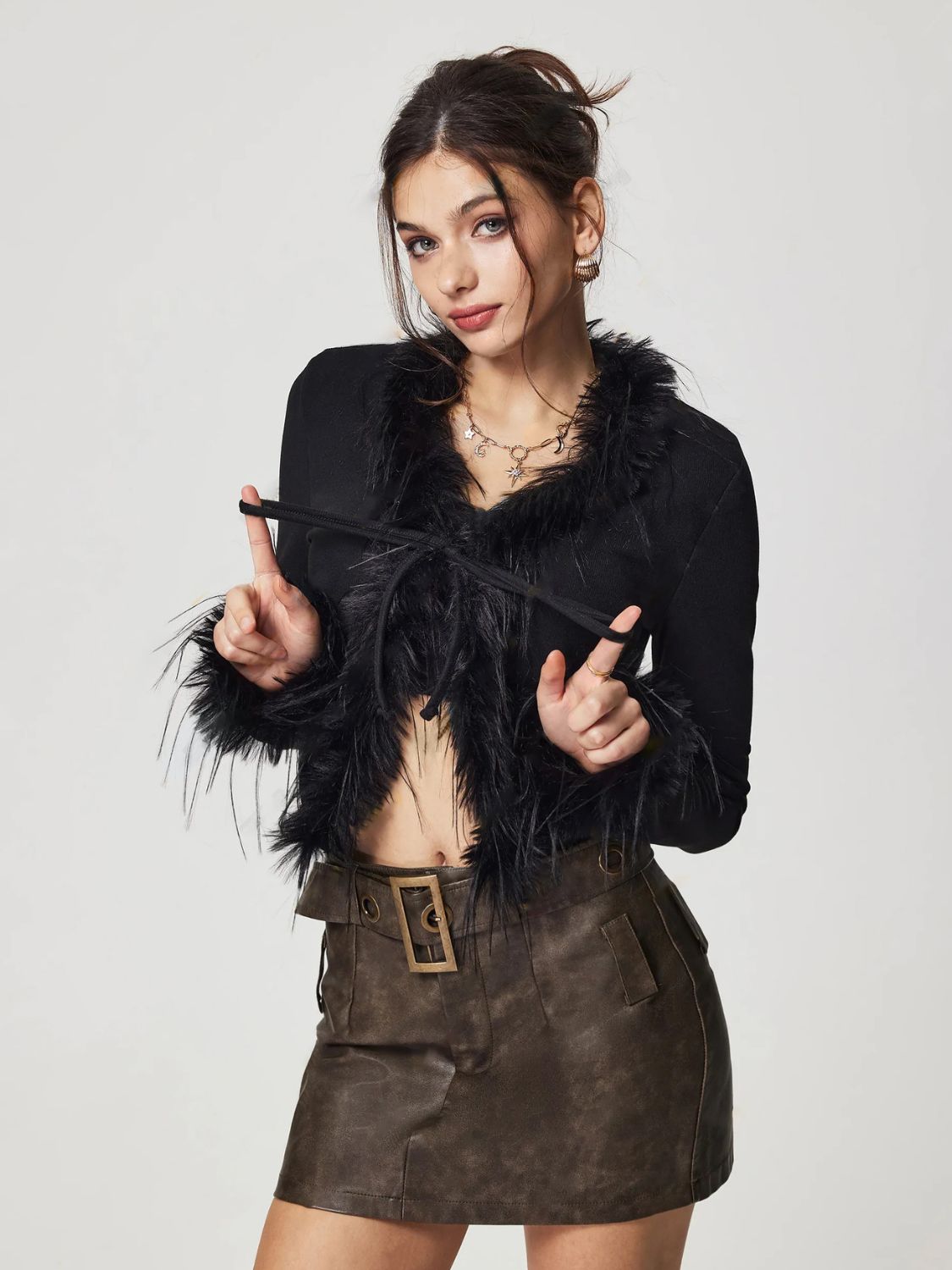 WW | Gebunden Fuzzy Trim Langarm Strickjacke