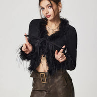 WW | Gebunden Fuzzy Trim Langarm Strickjacke