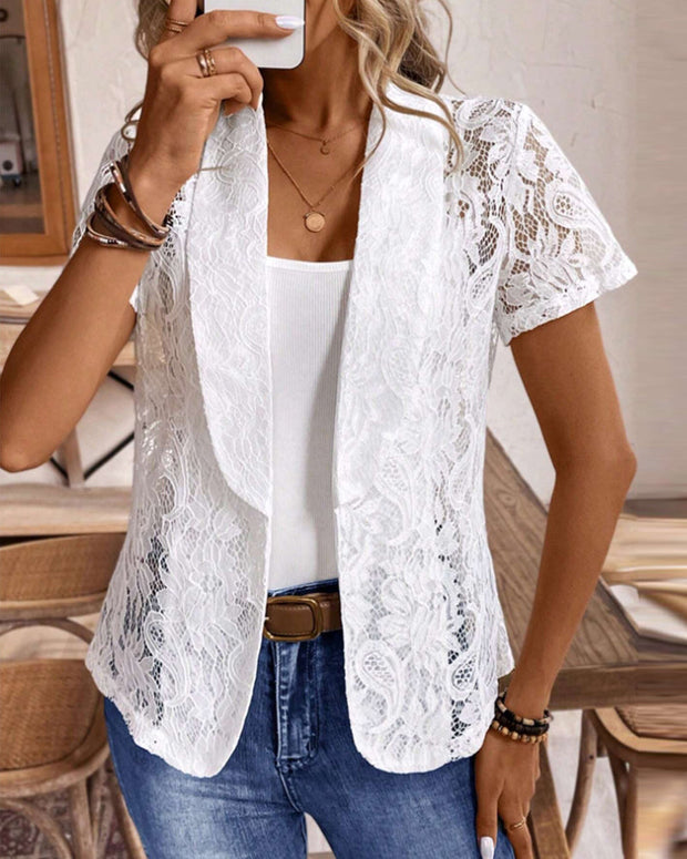WW | Weißer Kurzärmeliger Spitzenblazer mit Revers