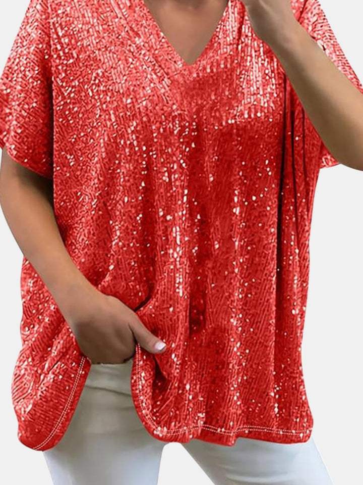 W&W Mode | Paillettenoberteil mit V-Ausschnitt und kurzen Ärmeln für Damen