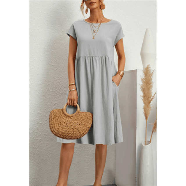 WW | Damen Baumwoll Leinen Midi Kleid