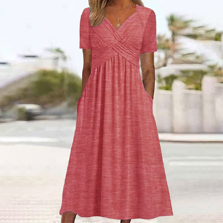 W&W Mode | Blaues, Schlichtes Midikleid Mit V-ausschnitt