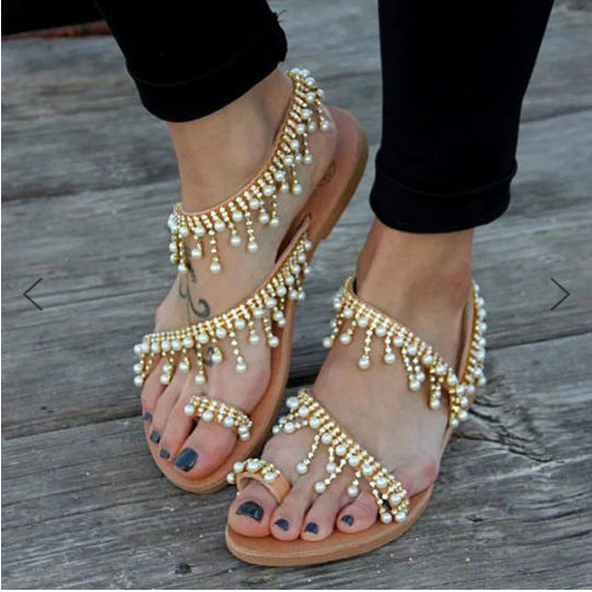 W&W Mode | Orthopädische Sandalen Flache Perle Bequeme String Perlen Hausschuhe