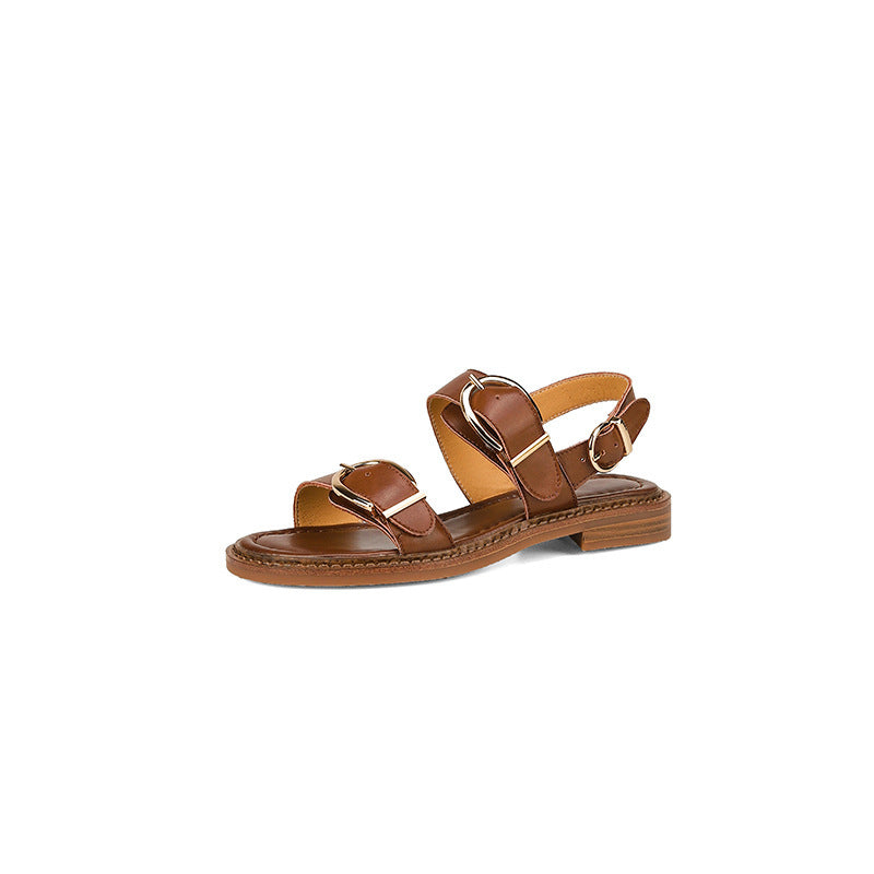 WW | Gürtelschnalle Riemchen Sandalen Fersenriemen Niedriger Absatz Starker Absatz Kalbsleder