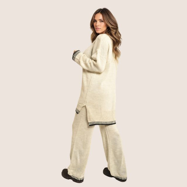 WW | Schickes Strick-Loungewear-Set mit Kontrastbesatz