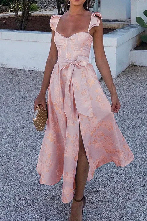 W&W Mode | Rosiedress Rüschenschulter Schleife Knoten Taille Schlitz Bedrucktes Vintage Party Kleid