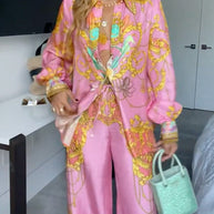 WW | Rosiedress Einzigartiger Print Lantern Lange Ärmel Bluse Shirt und Weite Hosen Urlaub Outfit Set