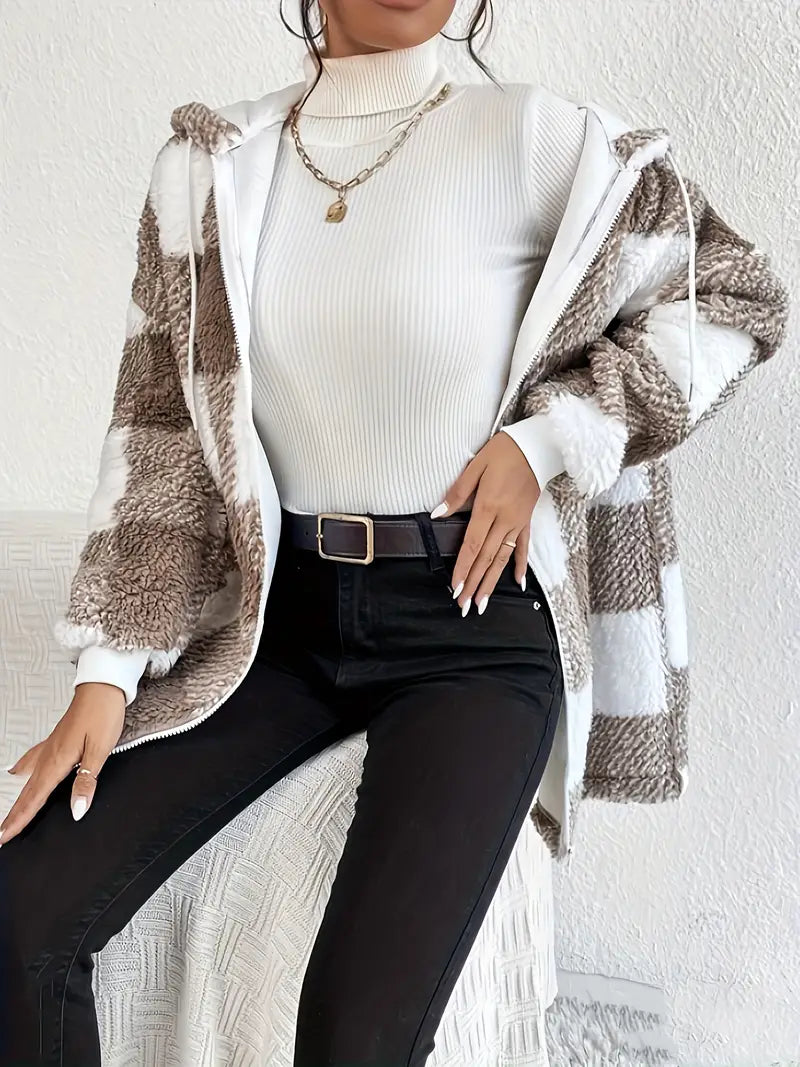W&W Mode | Kariert Teddy Hoodie Jacke | Warm und Bequem für den Winter