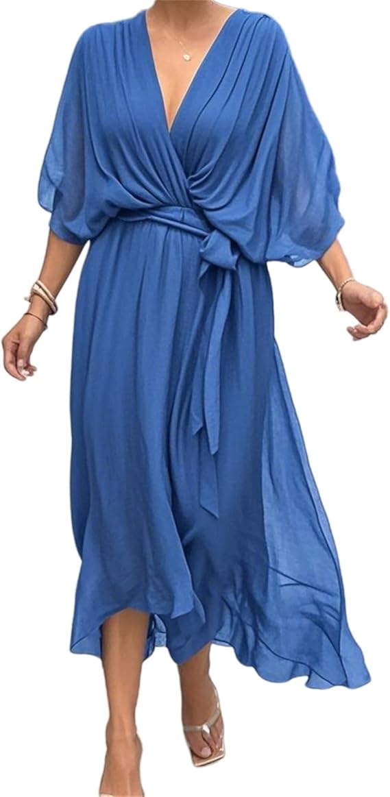 Damen-Chiffonkleid mit V-Ausschnitt, Bindegürtel und asymmetrischem Saum